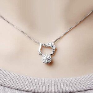 NEW! Cute Hello Kitty Real 925 Sterling Silver Pendant Necklace Rhinestone Ball